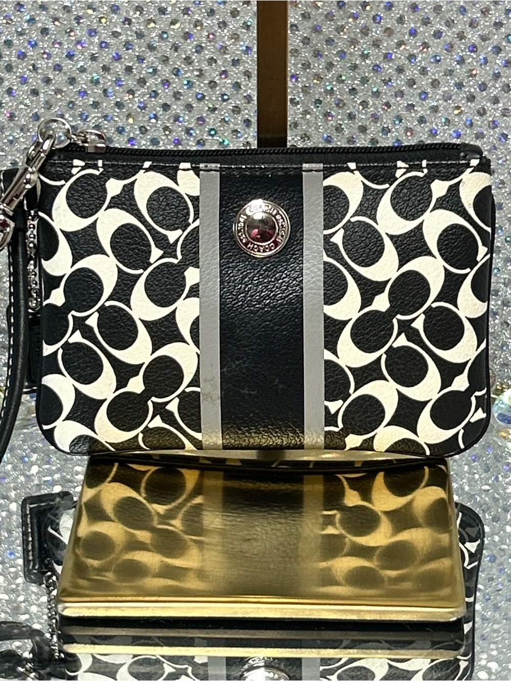 Coach Black & White Wristlet w/Center Leather Stripes Approx. 6 x 4